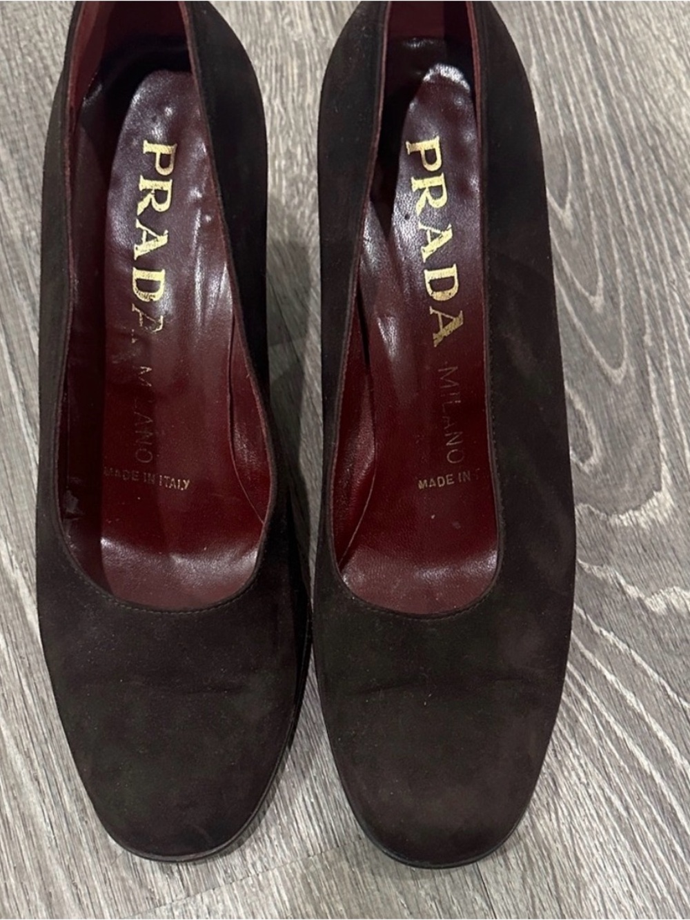 PRADA Dark Brown Suede Round-Toe block heel Pumps 37